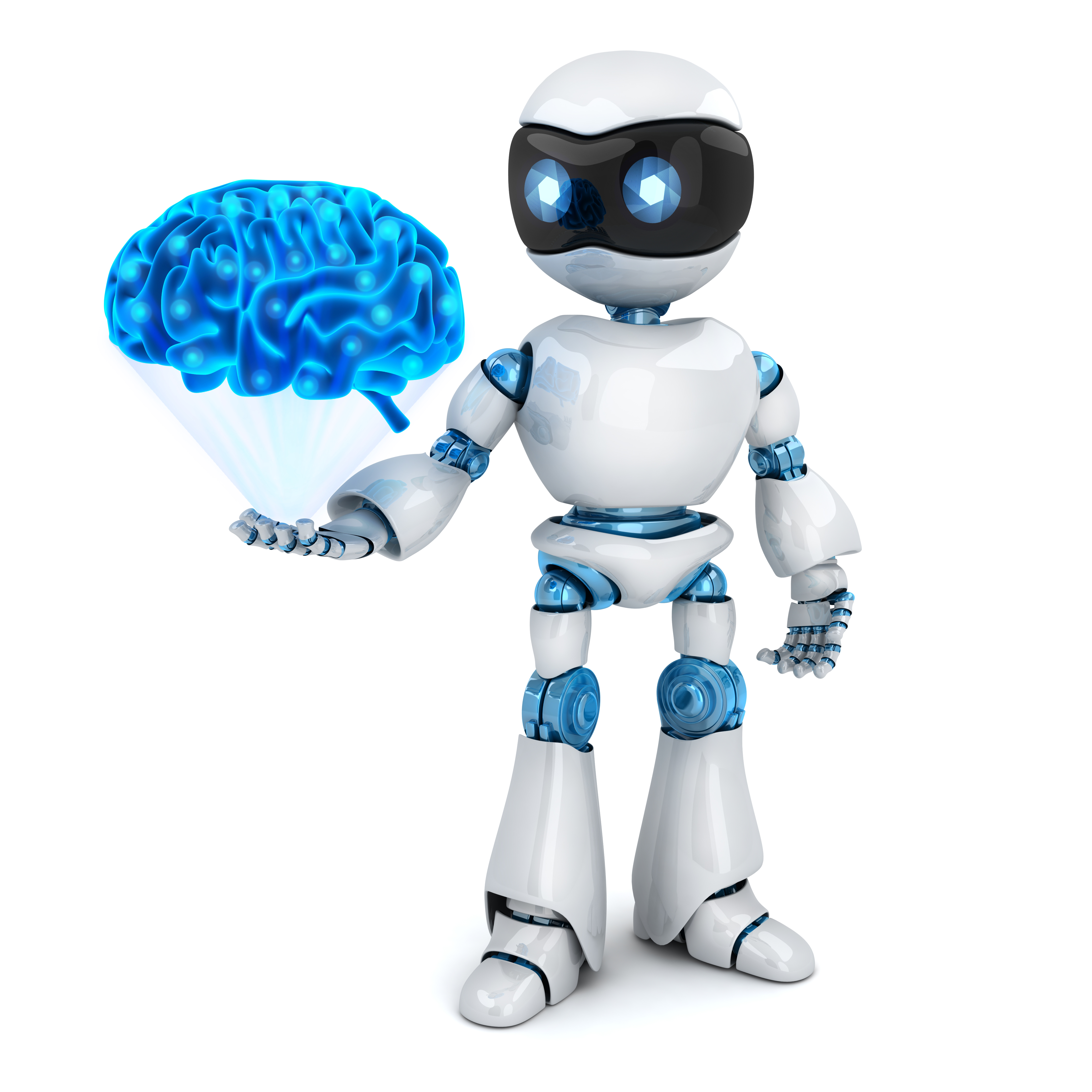 White robot and abstract blue brain. 3d illustration